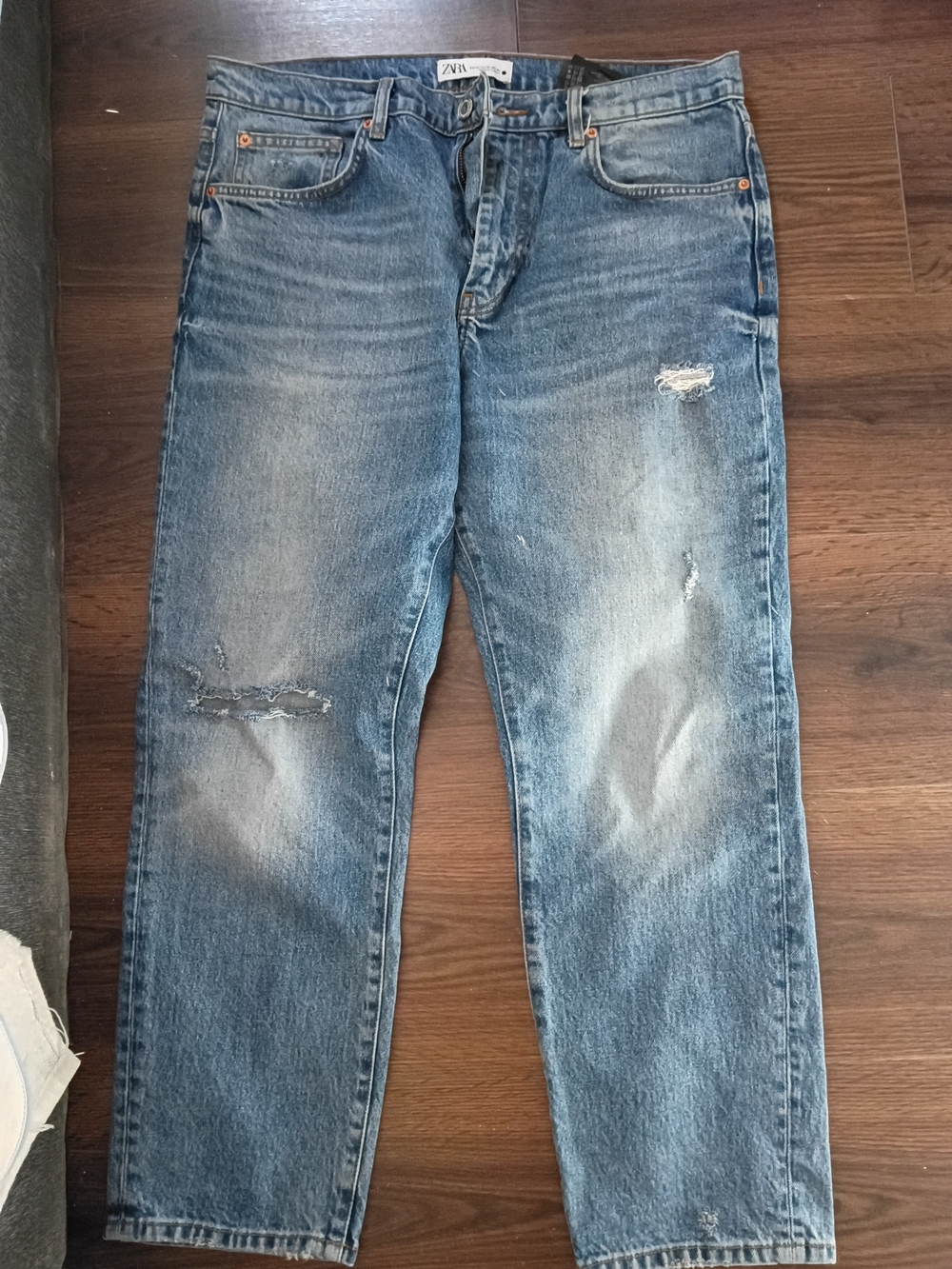 Zara Blue Straight-Leg Ripped Jeans
